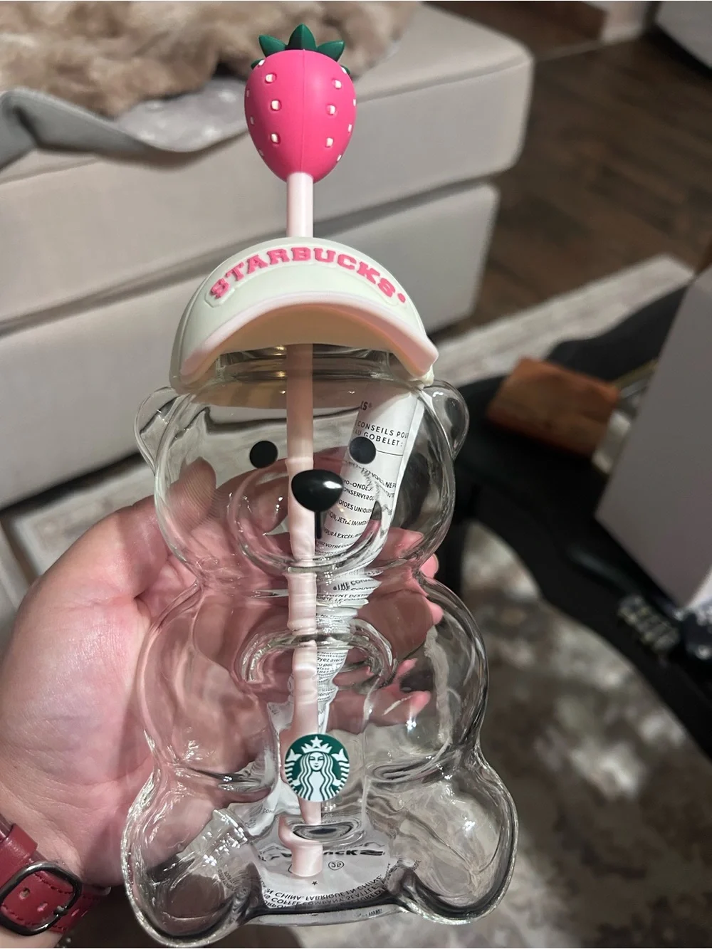Starbucks Clear Bear Tumbler with Pink Straw and Strawberry Lid